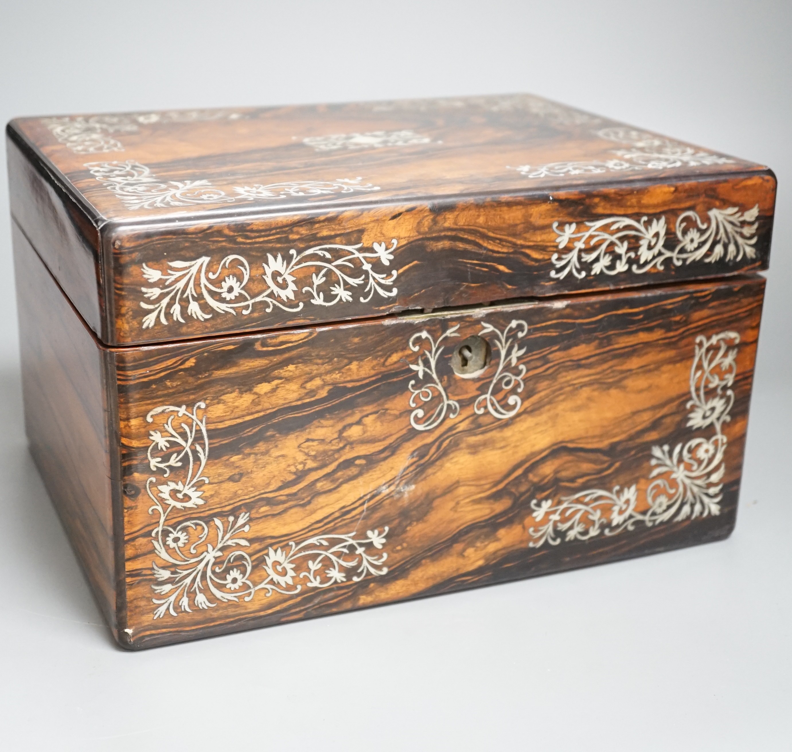 An early Victorian mother of pearl inlaid calamander wood toilet box. Width 28.5cm